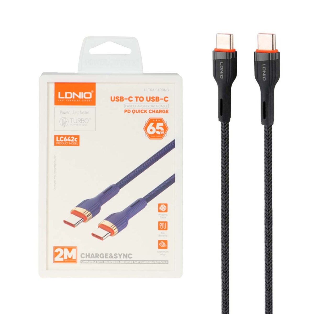 lc642c کابل شارژ PD و فست 2 متری LDNIO Type-C To Type-C مدل LC642C 65W - مشکی - Image 1